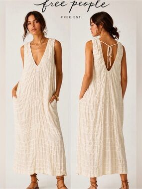 Free People Free-Est Agatha Ruched Stretch Cotton Midi Dress Ivory XS Boho